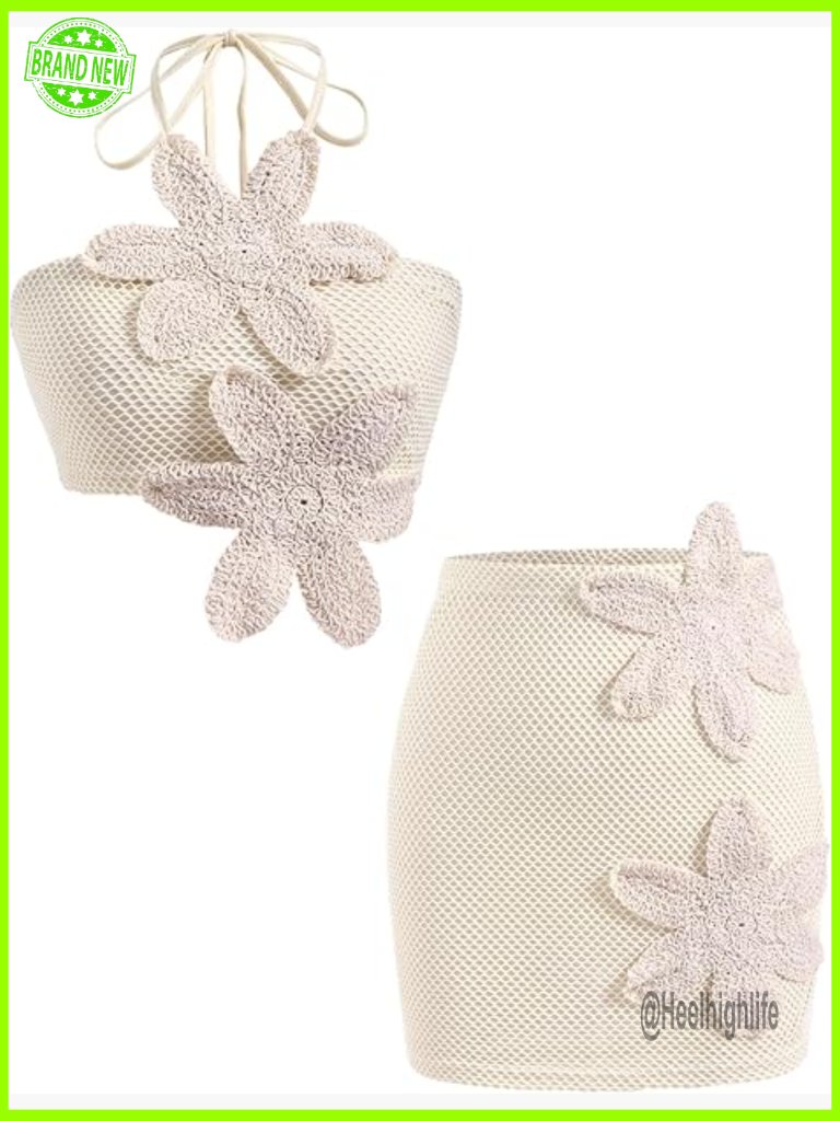 Crochet Halter Crop Top And Mini Skirt Set Backless 3d Floral Beach